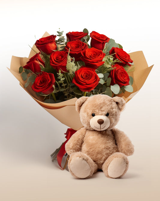12 Roses Bouquet and Teddy Bear Special