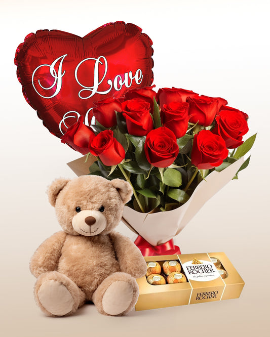 Fullness Combo: 12 Roses + Teddy Bear + Balloon + Chocolate Box