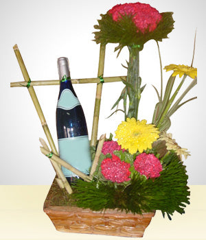 Arreglo de Claveles con Vino Blanco