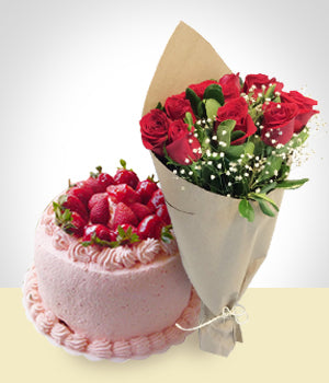 Special Offer: Strawberry Cake + 6 Roses Bouquet