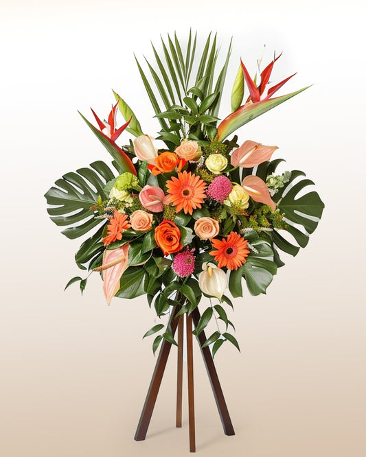 Condolence Flowers Arrangement with Roses & Gerberas in Tripod