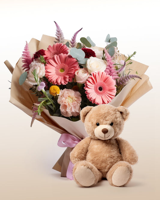 Colorful Bouquet and Teddy