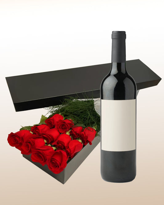 Romantic Box of Roses and Wine