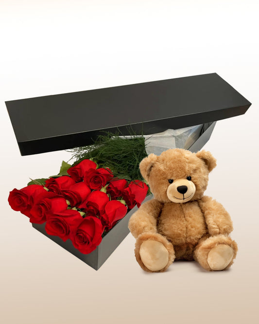 14 Roses Box & Teddy Bear
