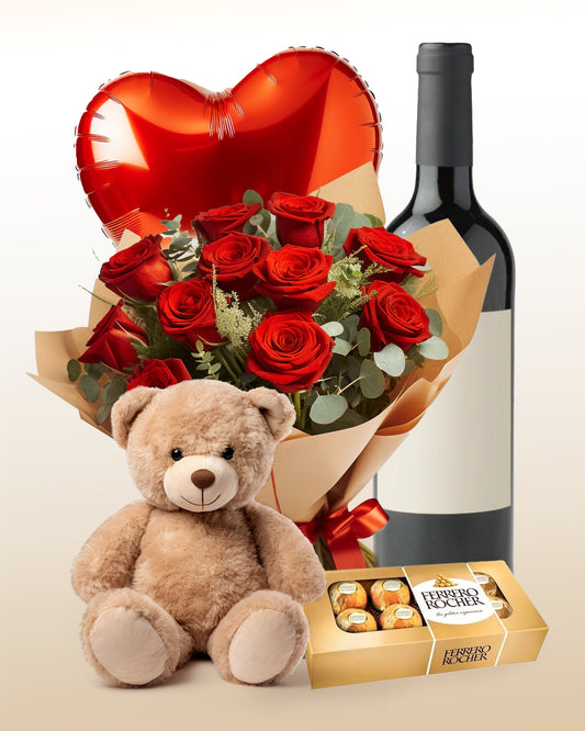 Combinazione amore totale: 12 rose + peluche + palloncino + Ferrero Rocher – vino