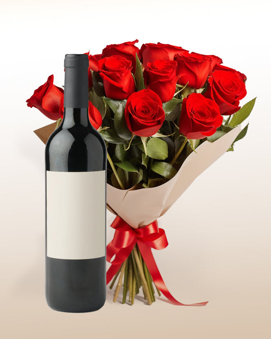 Combo Distinción: Bouquet de 12 Rosas + Vino.Coffret de Distinction: Bouquet de 12 Roses + Vin