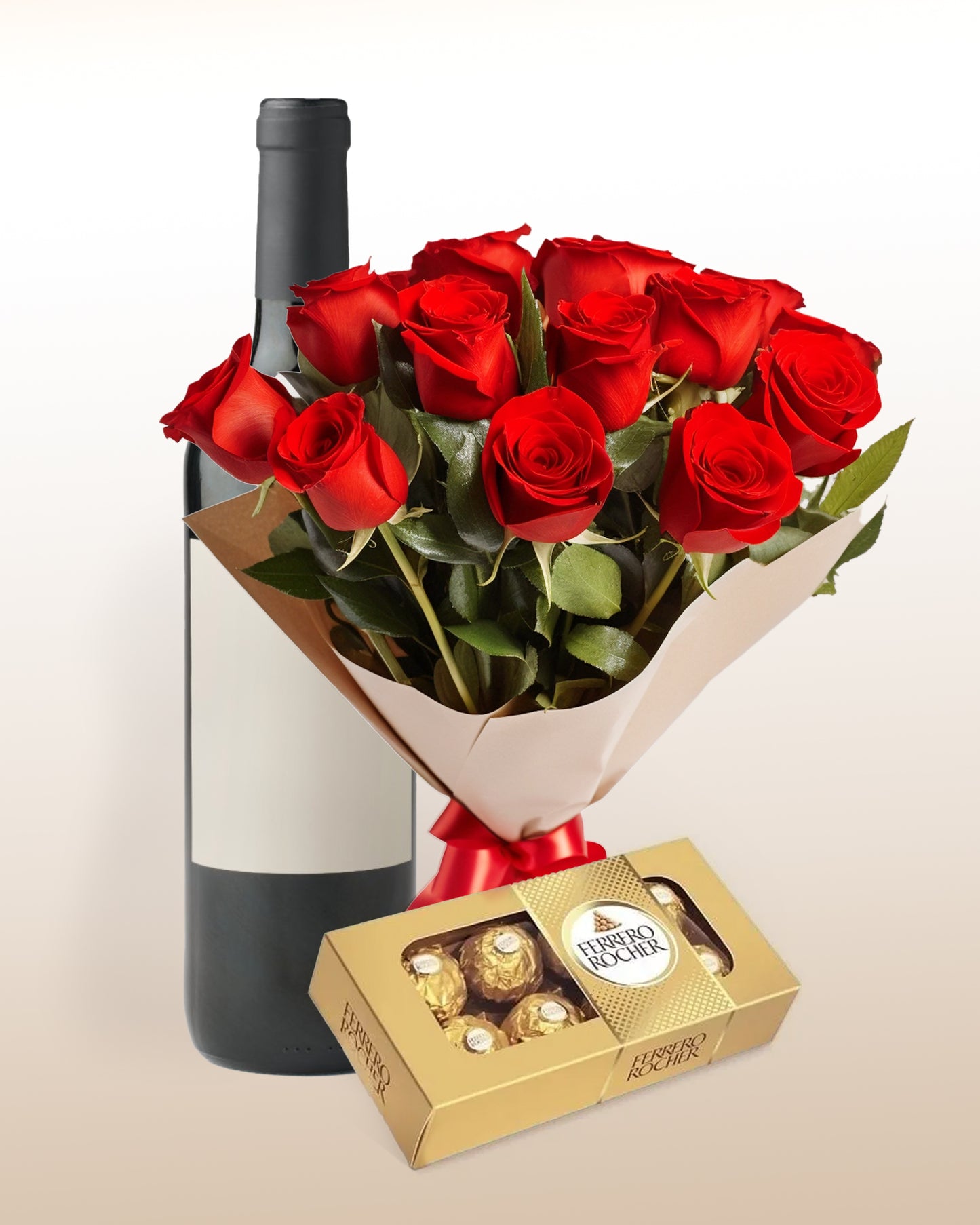 Combinazione eleganza: bouquet di 12 rose + vino + cioccolatini