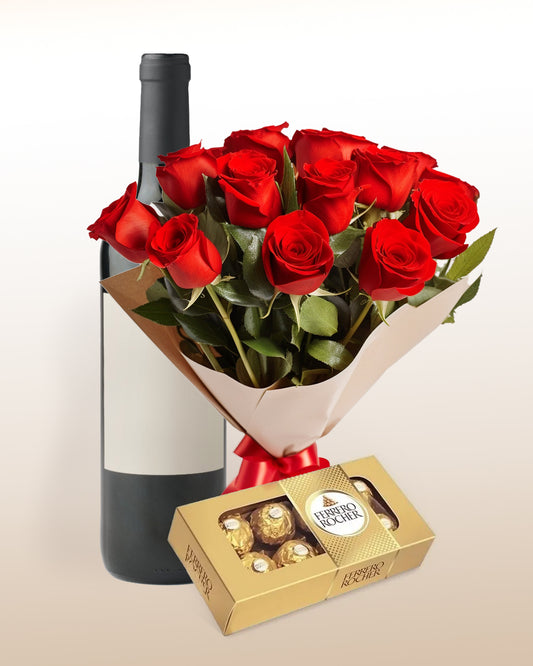Combo Elegância: Buquê de 12 rosas + vinho e chocolates: