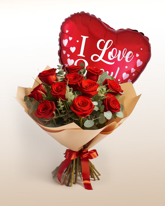 Combinazione incanto: bouquet di 12 rose + palloncino