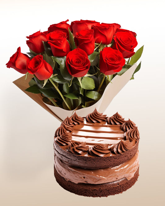 Coffret de Raffinement: Gâteau + Bouquet de 12 Roses
