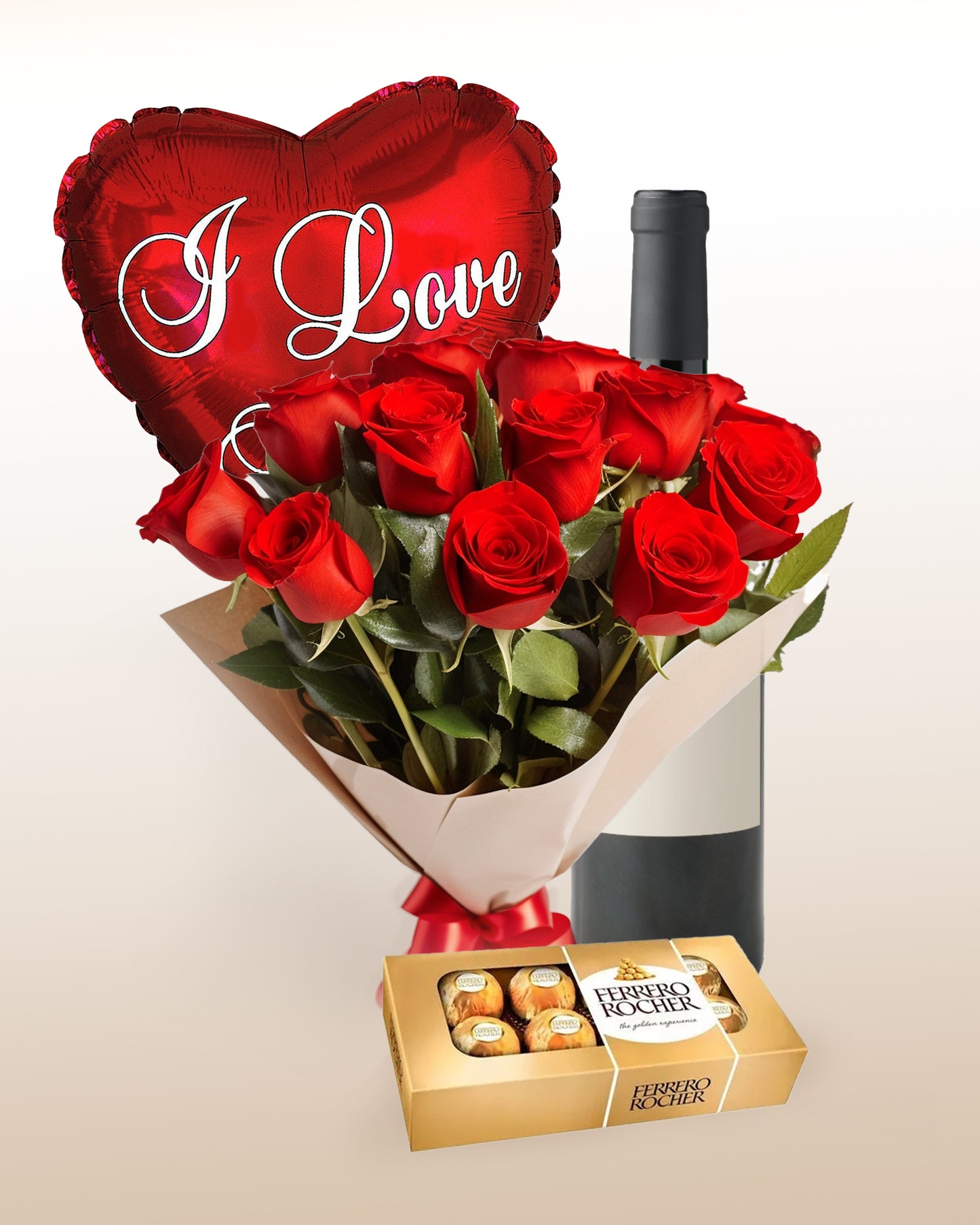 Combinazione ispirazione: bouquet di 12 rose + palloncino + vino + cioccolatini