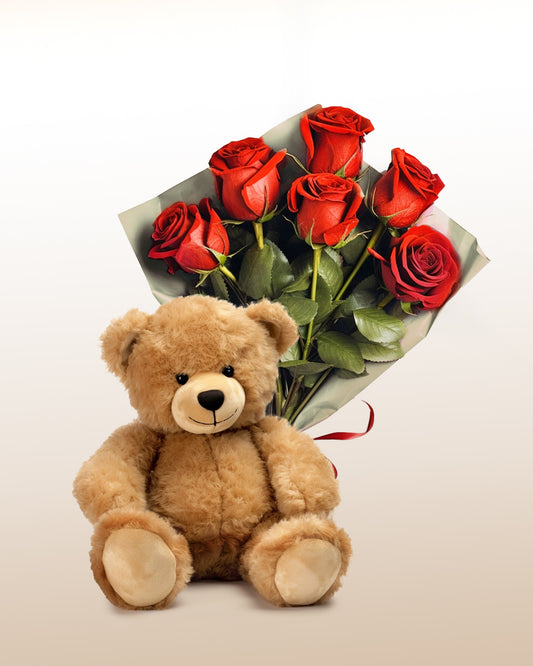 Romance Combo: 6 Roses Bouquet + Teddy Bear