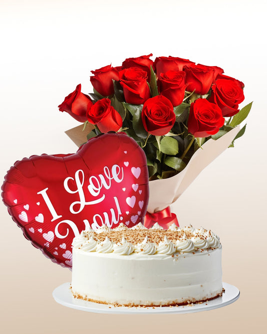 Combinazione selezione: bouquet di 12 rose + torta + palloncino