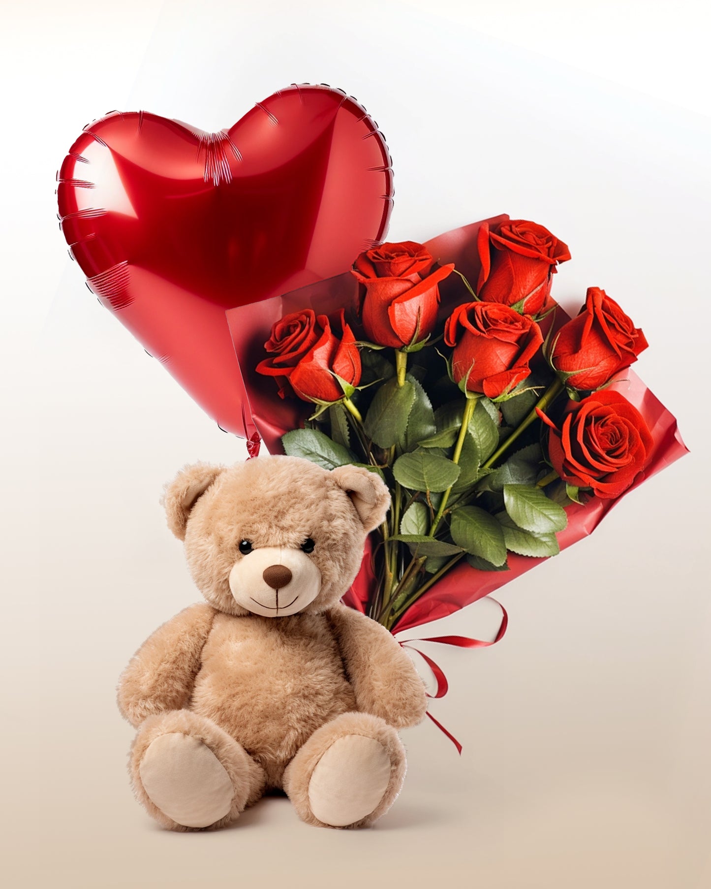 Coffret de Tendresse: Bouquet de 6 roses + Ballon + Peluche