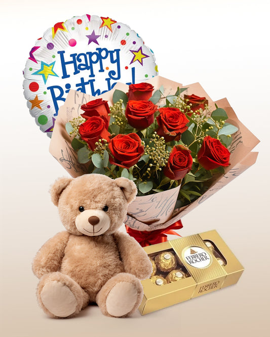 Combinazione di compleanno: bouquet 12 rose, orso, cioccolato, palloncino “Felice compleanno”: