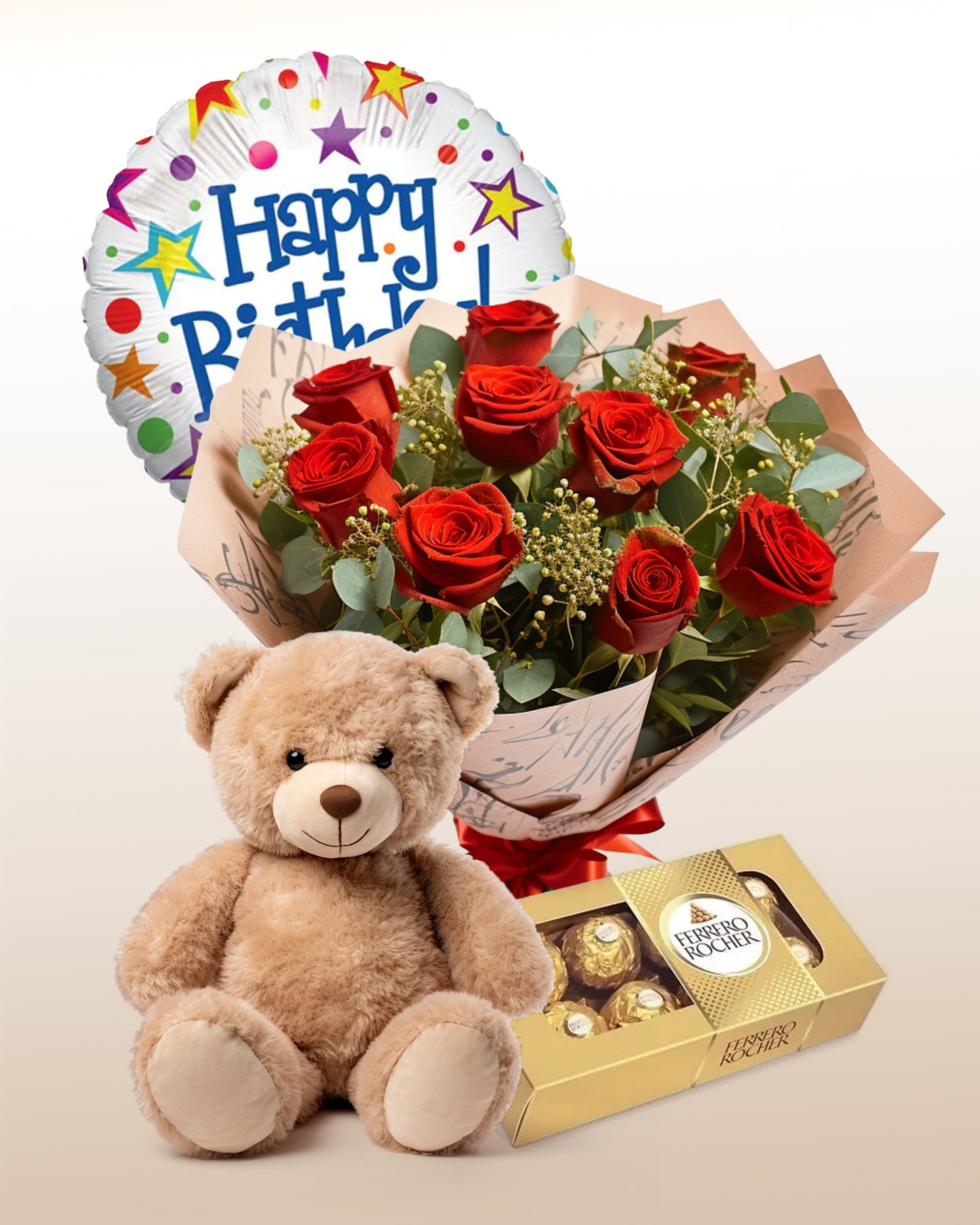 Coffret d’anniversaire: Bouquet de 12 roses, Ours, Chocolats, Ballon Joyeux Anniversaire: