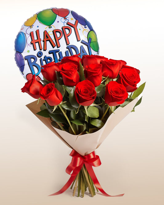 Combo de Cumpleaños: Bouquet de 12 Rosas + Globo Feliz Cumpleaños