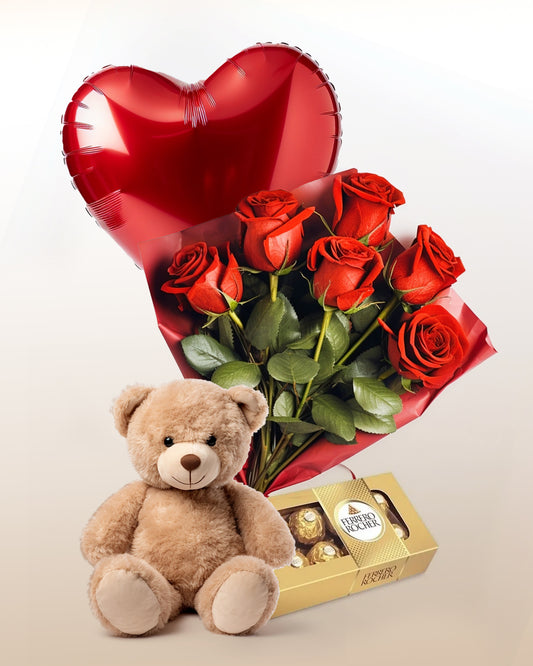 Silver Valentine Combo: 6 Roses Bouquet + Balloon + Teddy Bear+ Heart Chocolate box
