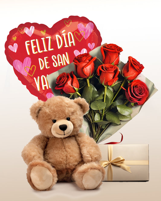 Silver Valentine Combo: 6 Roses Bouquet + Balloon + Teddy Bear+ Heart Chocolate box