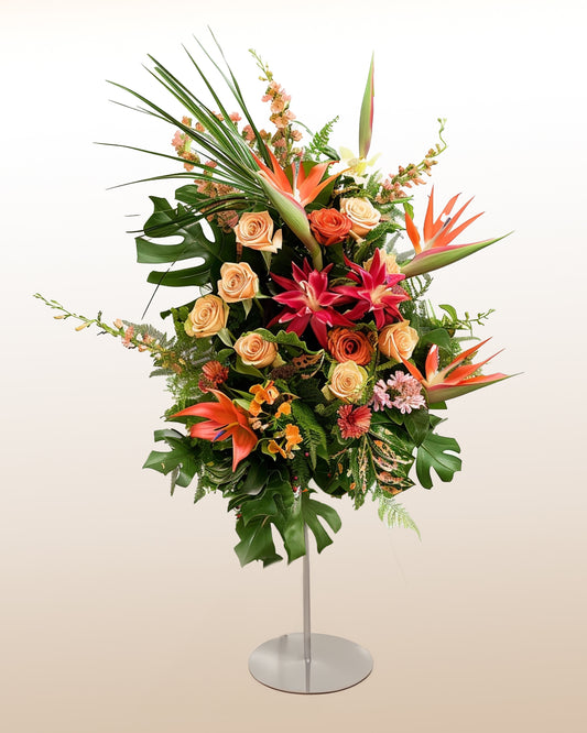 Crown Condolence Arrangement of Alstroemerias, Lilies and Roses