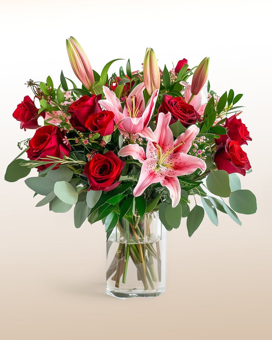 Lovable: Pink lilies and Red Roses