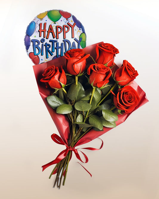 Cadeau d’anniversaire: Bouquet de 6 roses avec un Ballon Joyeux Anniversaire