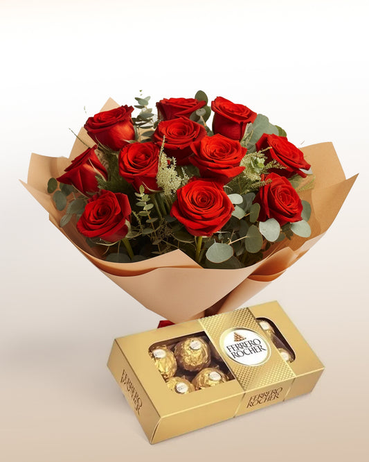 Combo Pareja Perfecta: Bouquet de 12 Rosas y Chocolates