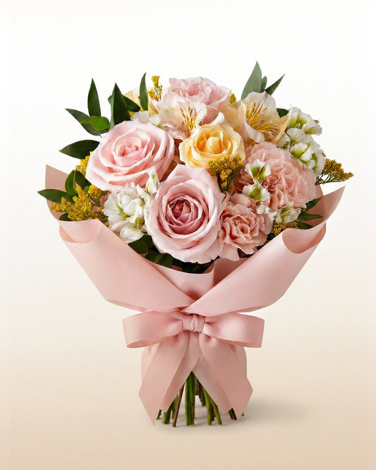 Ramo Magnética con rosas rosadas y amarillas, alstroemerias y flores blancas. Un diseño luminoso para celebrar personalidad. Entrega a domicilio.