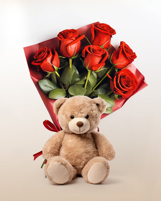Combinazione romance: bouquet di 6 rose + peluche