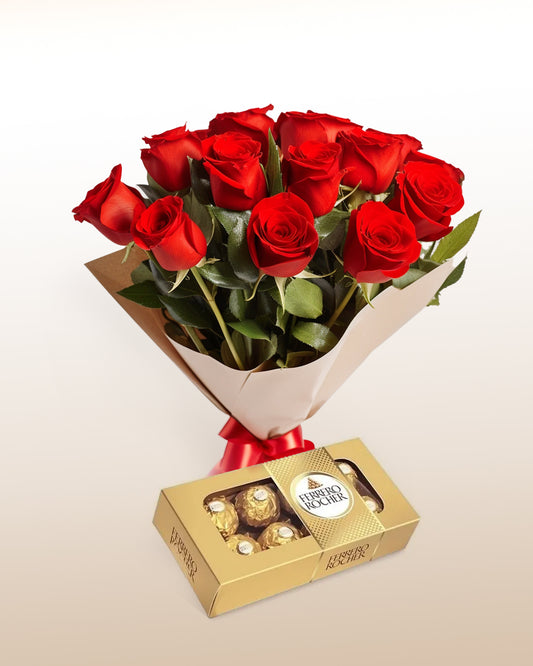 Tradition Combo: 12 Roses Bouquet + Ferrero Rocher Chocolates Box