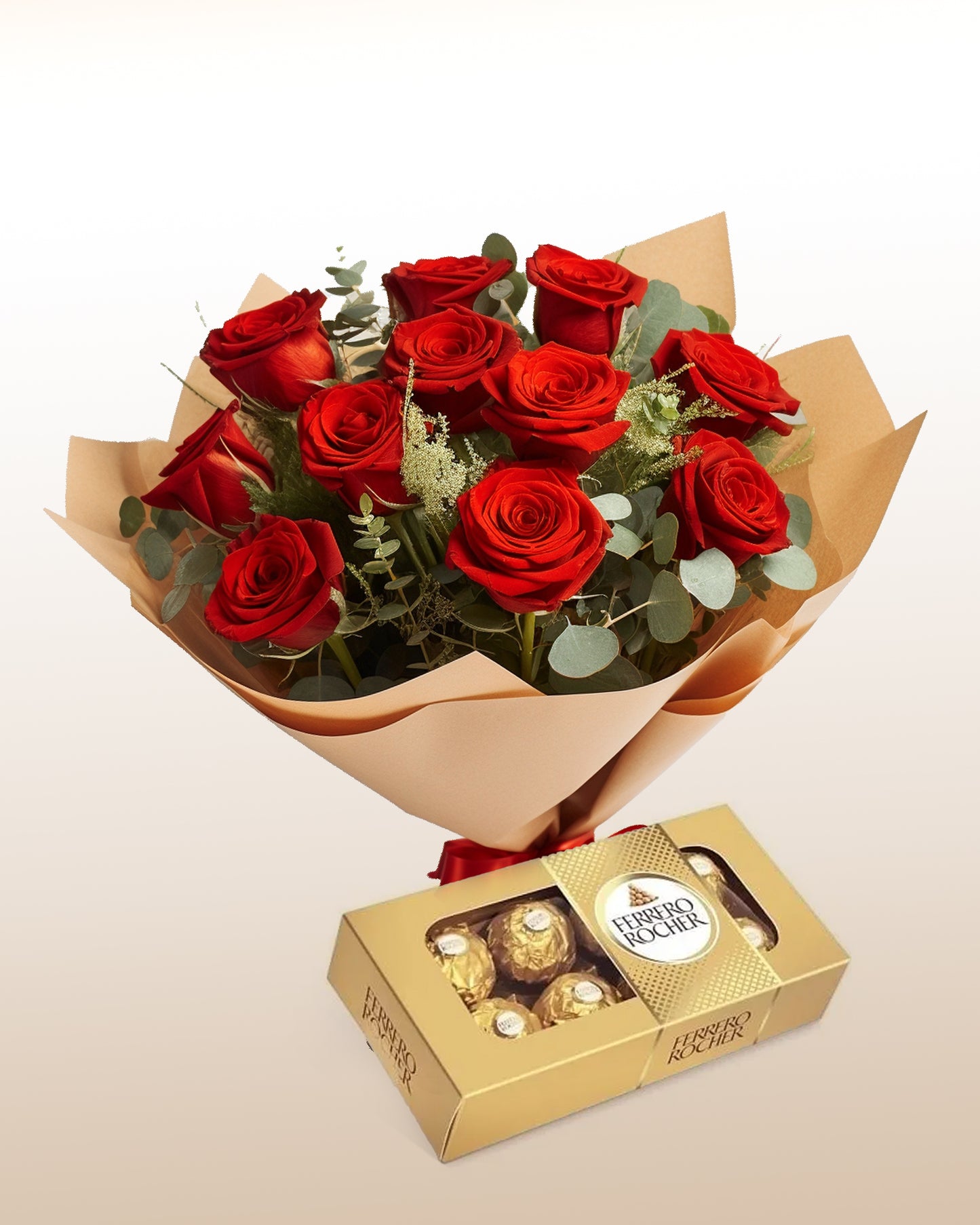 Combinazione tradizione: 12 rose + cioccolatini Ferrero Rocher