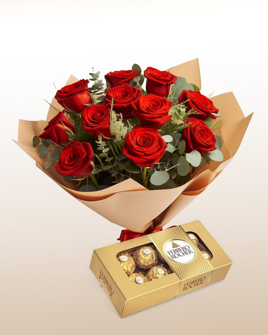 Tradition Combo: 12 Roses Bouquet + Ferrero Rocher Chocolates Box