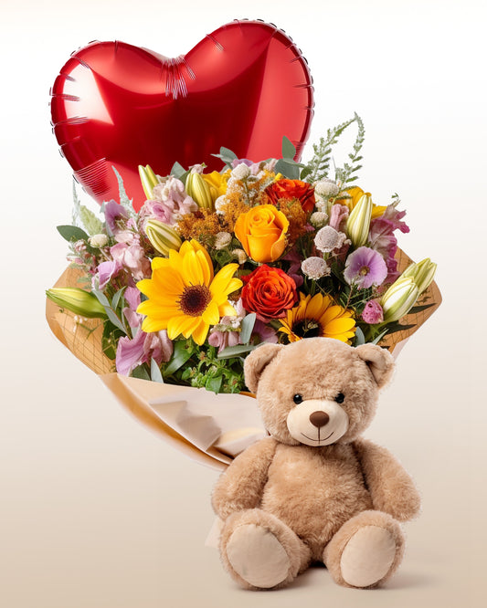 Floral Mix + Balloon + Teddy Bear Combo