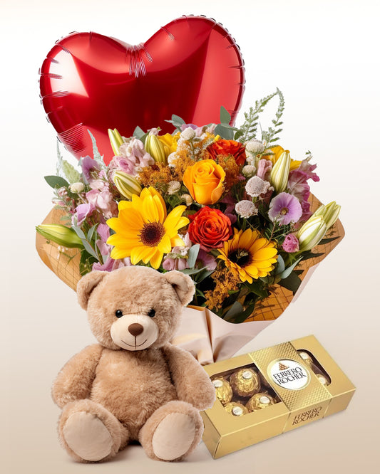 Combo Mélange Floral + Ballon + Ours en Peluche + Chocolats