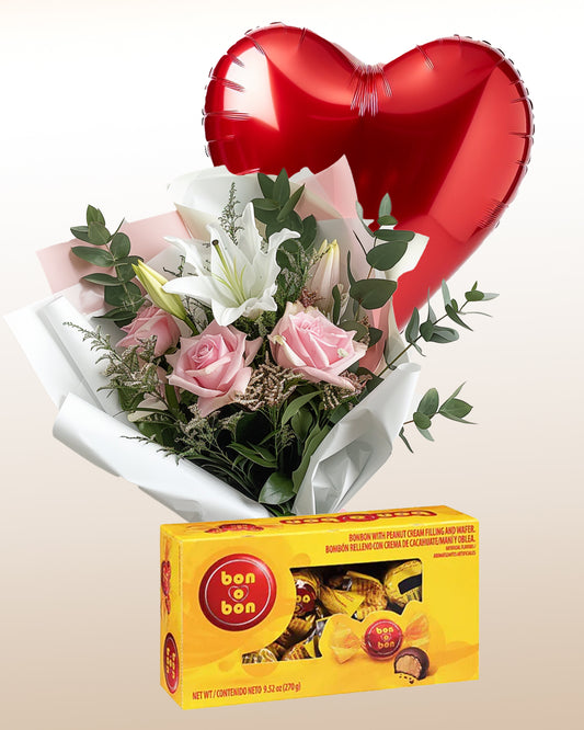 Delicate Roses Bouquet + Bon o Bon + Balloon Combo