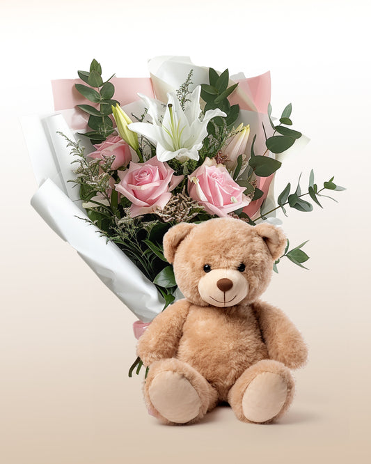 Combo Delicato Bouquet di Rose + Orsetto di Peluche