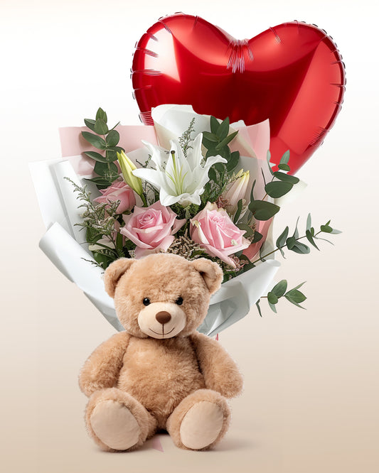 Delicate Roses Bouquet + Teddy bear + Balloon Combo