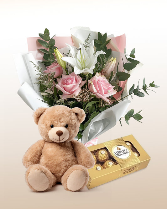 Combo Bouquet Délicat de Roses + Ours en Peluche + Chocolats