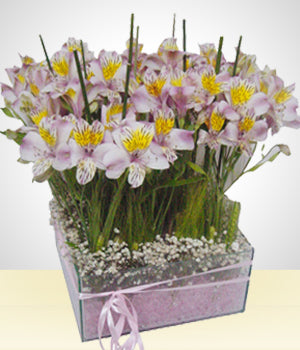 Glass Bowl Flower Arrangement with purple gel filling