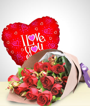 Coffret d’Enchantement: Bouquet de 12 roses + Ballon