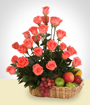 Arrangement of 18 Roses and Fruits
