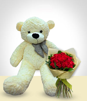 Affectionate Teddy & 24 Roses Combo