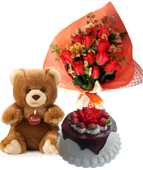 Happiness: Cake + Flowers + Teddy