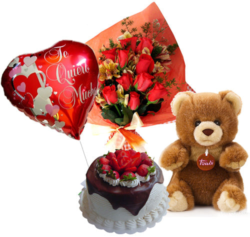 De corazón: Torta + Bouquet + Peluche + Globo